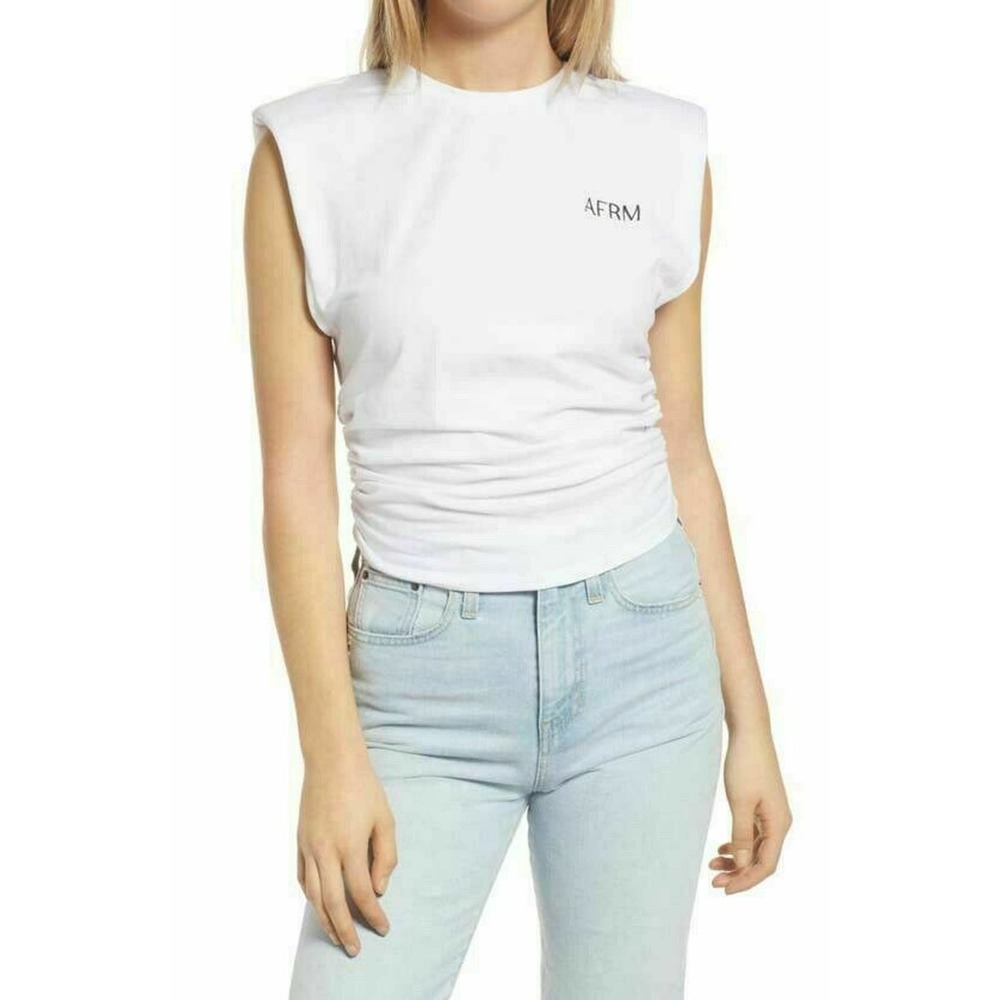 AFRM Bille Side Ruched Shoulder Pads Cropped Muscle Tank Top in White XS, NWT